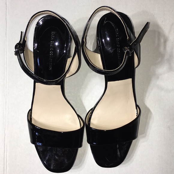 shiny black block heels